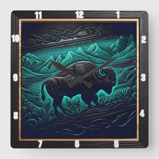 Bison Buffalo Tooled Aquamarin Bison Quadratische Wanduhr (Vorderseite)