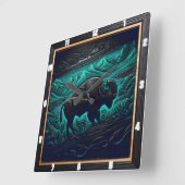 Bison Buffalo Tooled Aquamarin Bison Quadratische Wanduhr (Winkel)