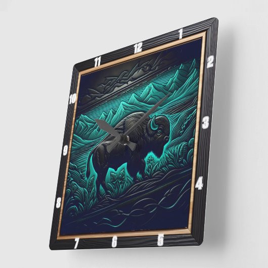 Bison Buffalo Tooled Aquamarin Bison Quadratische Wanduhr (Winkel)