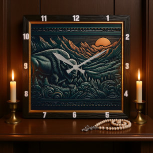 Bison Buffalo Tooled Bison Sunset Quadratische Wanduhr