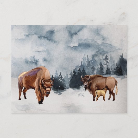 Bison Buffalo Watercolor Landschaft Winter Feiertagspostkarte (Vorderseite)