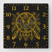 Bison Design mit Federn und geometrischen Mustern Quadratische Wanduhr (Vorderseite)