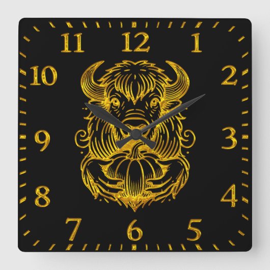 Bison Holding a Pumpkin in einer detaillierten Ill Quadratische Wanduhr (Vorderseite)