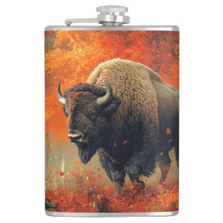 Bison im Herbstwald Artwork Flachmann