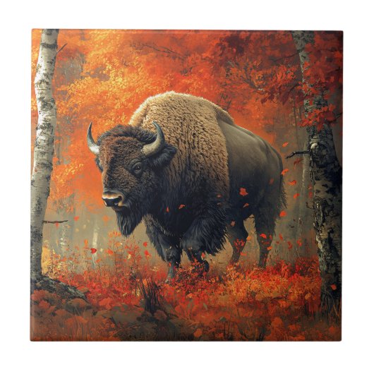 Bison im Herbstwald Artwork Fliese (Vorderseite)