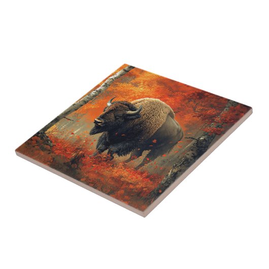 Bison im Herbstwald Artwork Fliese (Seite)