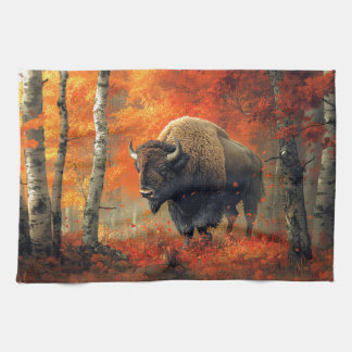 Bison im Herbstwald Artwork Geschirrtuch