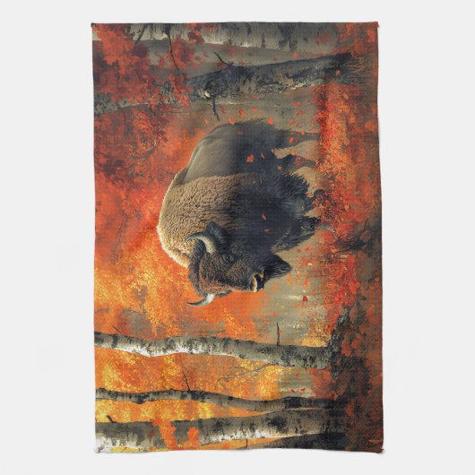 Bison im Herbstwald Artwork Geschirrtuch (Vertikal)