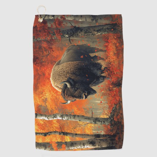 Bison im Herbstwald Artwork Golfhandtuch (Vorderseite)