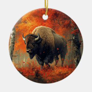 Bison im Herbstwald Artwork Keramik Ornament