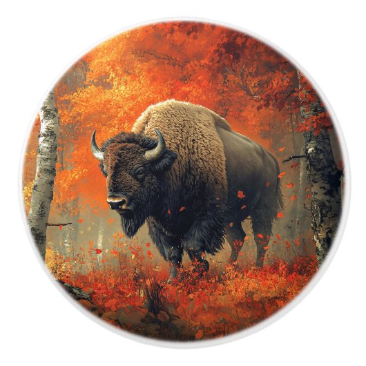 Bison im Herbstwald Artwork Keramikknauf (Vorderseite)