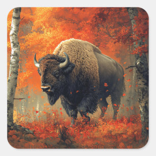 Bison im Herbstwald Artwork Quadratischer Aufkleber