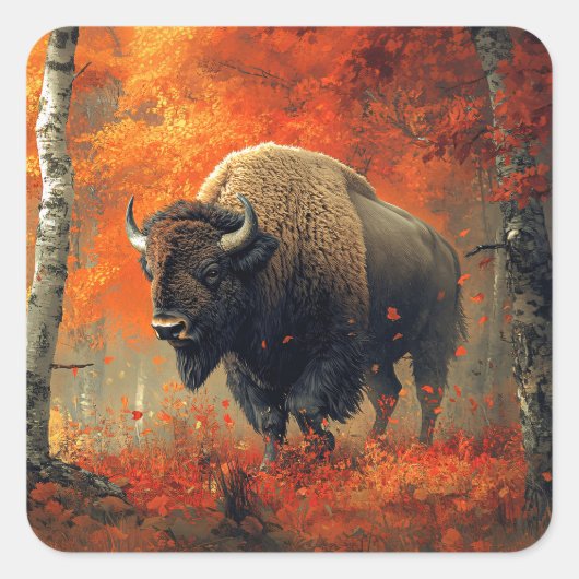 Bison im Herbstwald Artwork Quadratischer Aufkleber (Vorderseite)