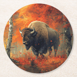 Bison im Herbstwald Artwork Runder Pappuntersetzer
