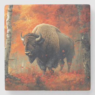 Bison im Herbstwald Artwork Steinuntersetzer