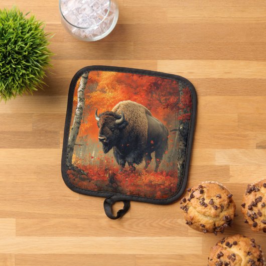 Bison im Herbstwald Artwork Topflappen (Oben Unten)