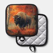 Bison im Herbstwald Artwork Topflappen (Vorderseite/Rückseite)