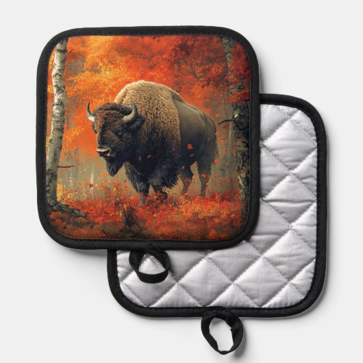 Bison im Herbstwald Artwork Topflappen (Vorderseite/Rückseite)