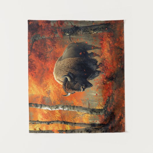 Bison im Herbstwald Artwork Wandteppich (Vorderseite)