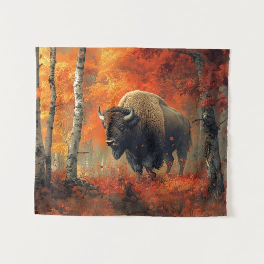 Bison im Herbstwald Artwork Wandteppich (Vorderseite (Horizontal))