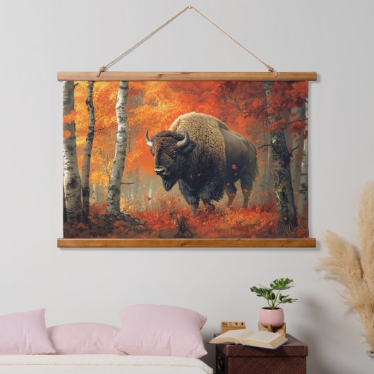 Bison im Herbstwald Artwork Wandteppich Mit Holzrahmen (Schlafzimmer)