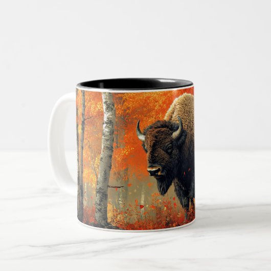 Bison im Herbstwald Artwork Zweifarbige Tasse (Vorderseite Links)