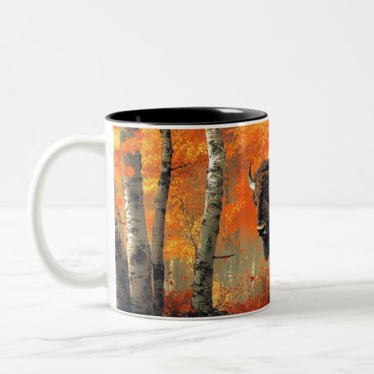 Bison im Herbstwald Artwork Zweifarbige Tasse (Links)