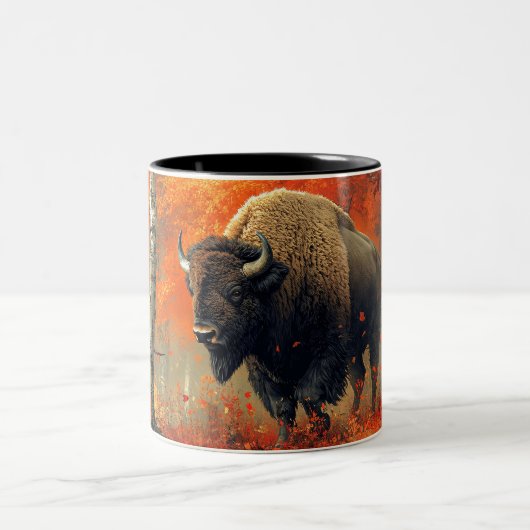 Bison im Herbstwald Artwork Zweifarbige Tasse (Mittel)