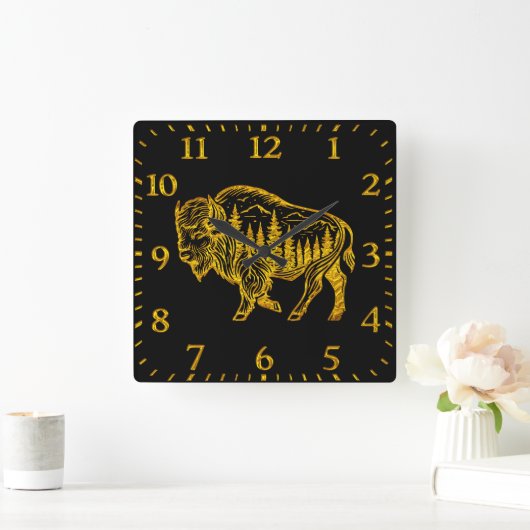 Bison in einer Walddarstellung Quadratische Wanduhr (Zuhause)