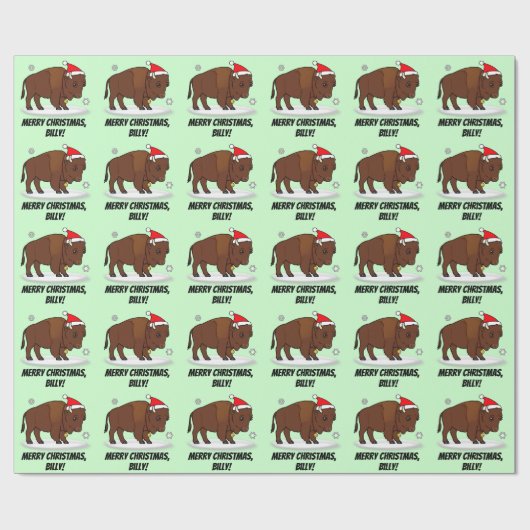 Bison in einer Weihnachtsmannmütze am Geschenkpapier (Flach)