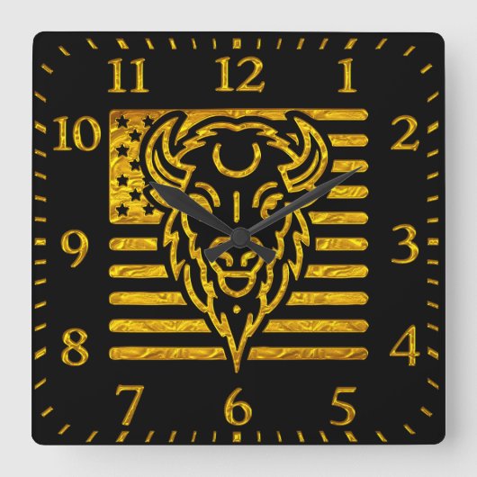 Bison mit amerikanischem Flaggenrahmen Quadratische Wanduhr (Vorderseite)