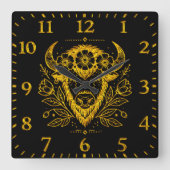 Bison mit Blumenkronen in komplizierter Gestaltung Quadratische Wanduhr (Vorderseite)