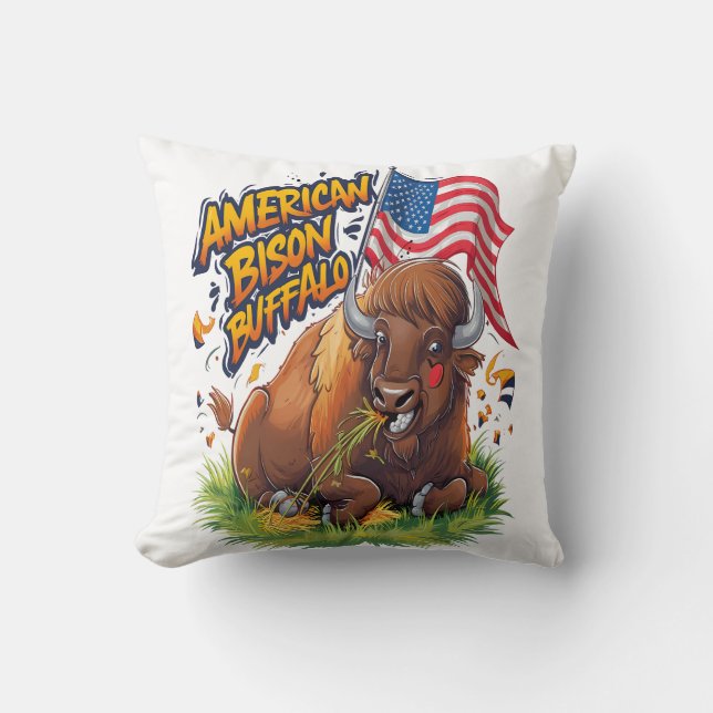Bison mit US-Flagge im Gras Kissen (Vorderseite)