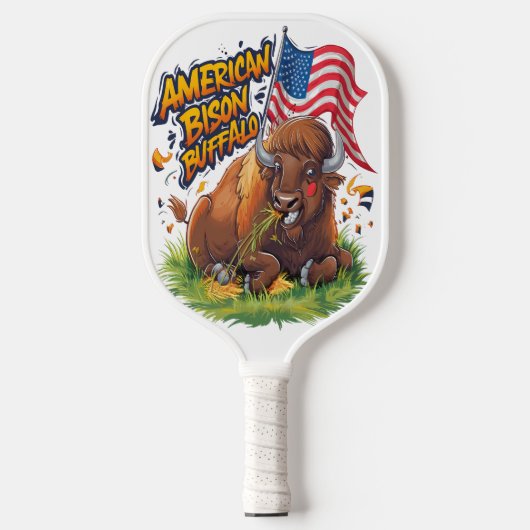 Bison mit US-Flagge im Gras Pickleball Schläger (Vorderseite)