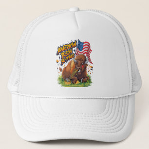 Bison mit US-Flagge im Gras Truckerkappe