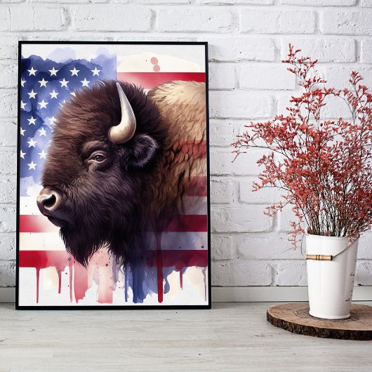 Bison mit USA-Flagge Fotodruck
