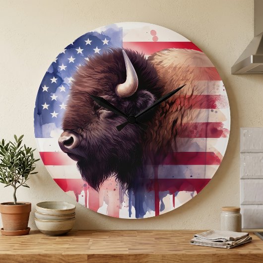 Bison mit USA-Flagge Große Wanduhr