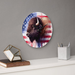 Bison mit USA-Flagge Große Wanduhr