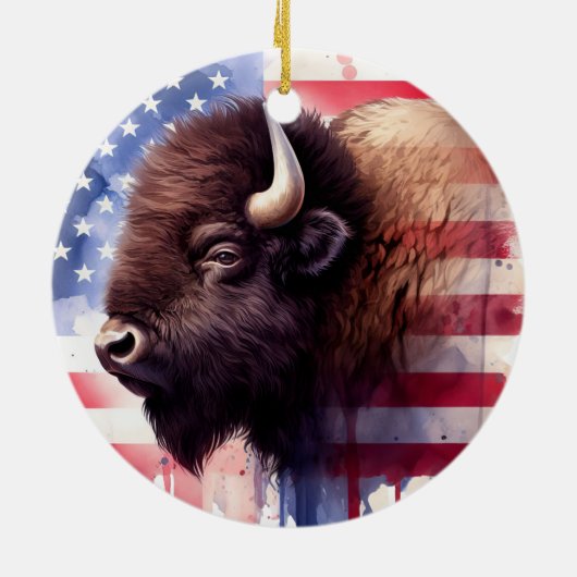 Bison mit USA-Flagge Keramik Ornament (Hinten)
