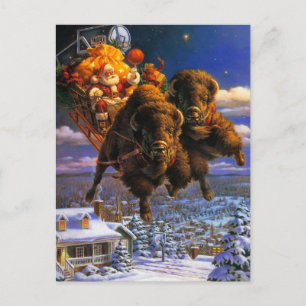 Bison Pulling Santa Claus Feiertagspostkarte