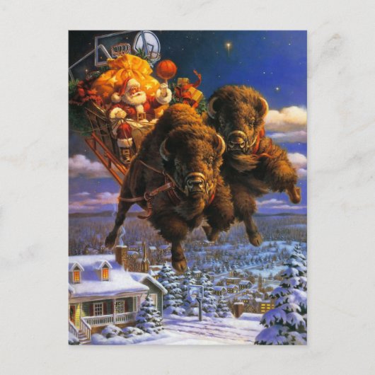 Bison Pulling Santa Claus Feiertagspostkarte (Vorderseite)