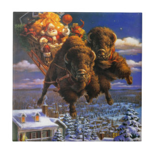 Bison Pulling Santa Claus Fliese