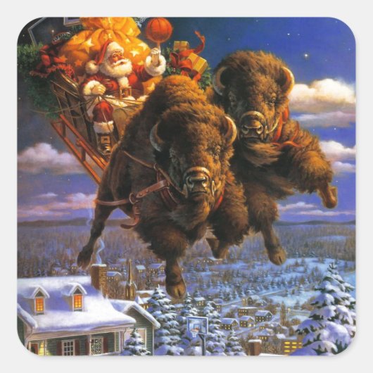Bison Pulling Santa Claus Quadratischer Aufkleber (Vorderseite)
