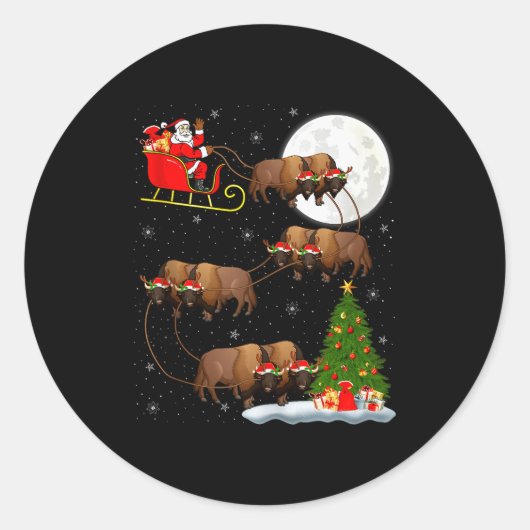 Bison Santa Sleigh Flying Funny Magical Christmas Runder Aufkleber (Vorderseite)
