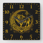Bison Stehend in einem floralen Halbmond-Design Quadratische Wanduhr (Vorderseite)