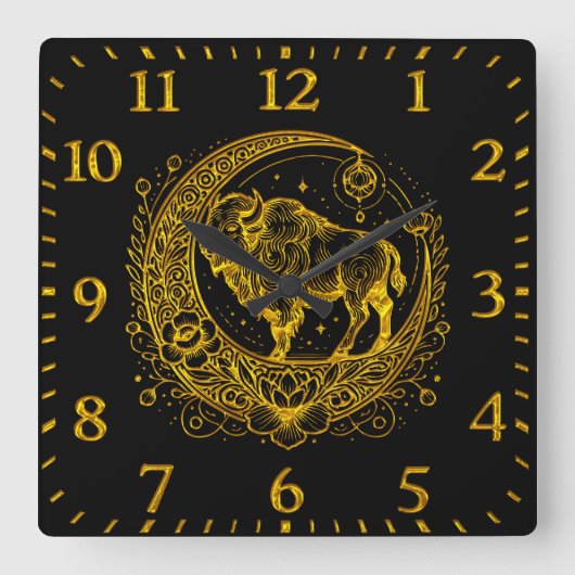 Bison Stehend in einem floralen Halbmond-Design Quadratische Wanduhr (Vorderseite)
