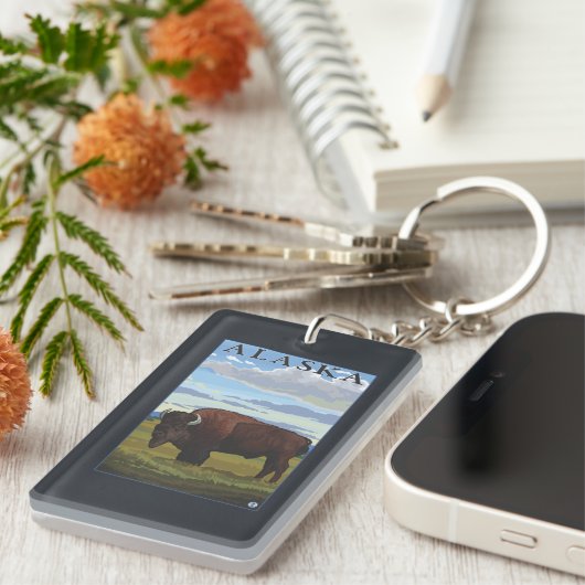 Bison-Szenen-Vintages Reise-Plakat Schlüsselanhänger (Vorderseite rechts)