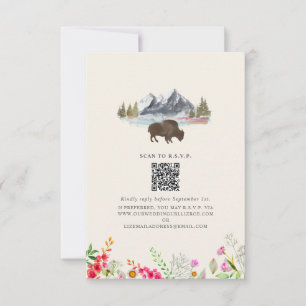 Bison Watercolor Mountains Floral Wedding QR RSVP Karte