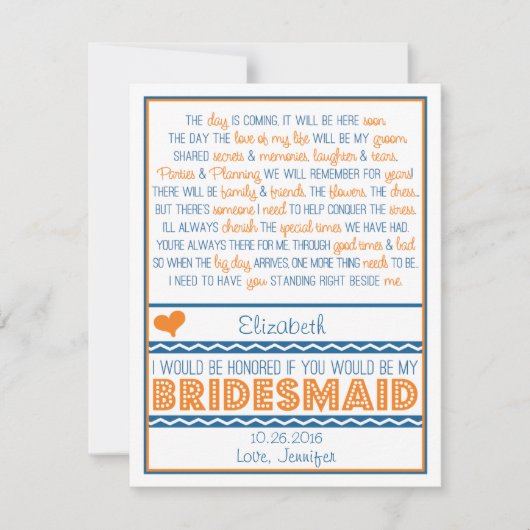 Bist du meine Bridesmaid? Navy Blue/Orange Gedicht Einladung (Vorderseite)