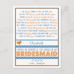 Bist du meine Bridesmaid? Navy Blue/Orange Gedicht Einladung